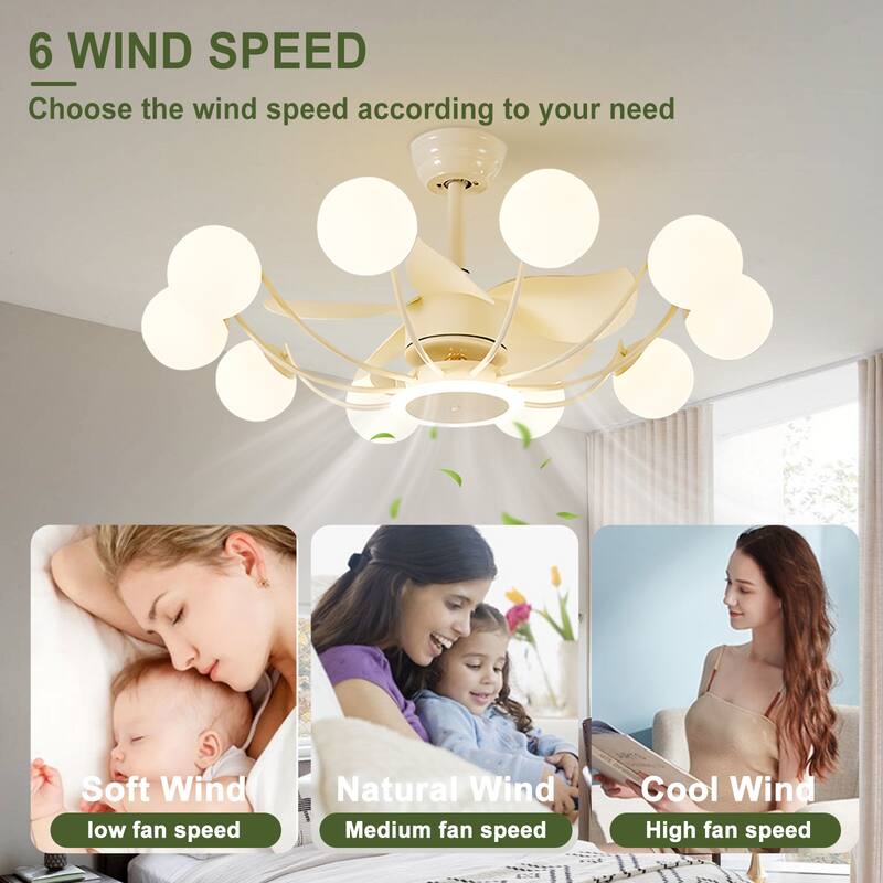 Indoor Black Modern Ceiling Fan with Light, Reversible Fandelier with Bulbs and Remote for Living Room