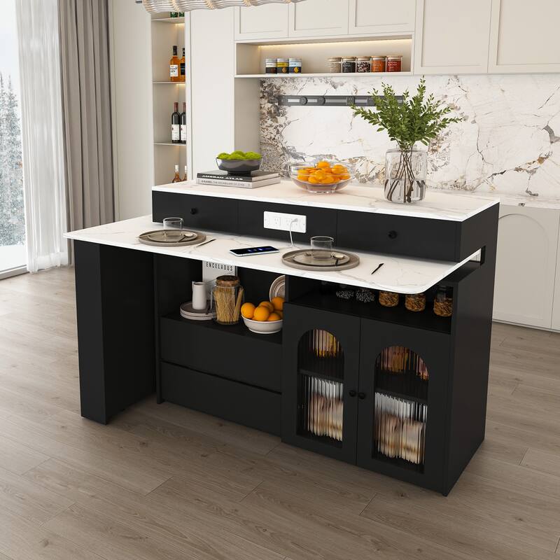 Kitchen Island with Extendable Rotating Table, 4 Drawers, Glass Doors & Built-in Socket