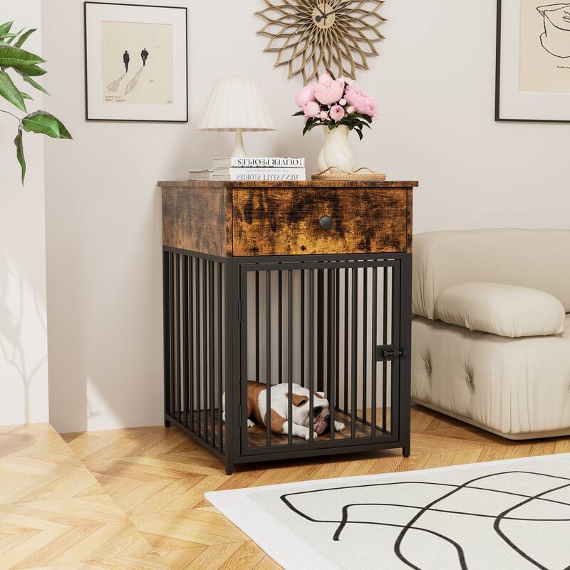 Dog Crate Furniture, Dog House, Decorative Dog Kennel with Drawer, Indoor Pet Crate End Table for Small Dog, Iron-Tube Dog Cage