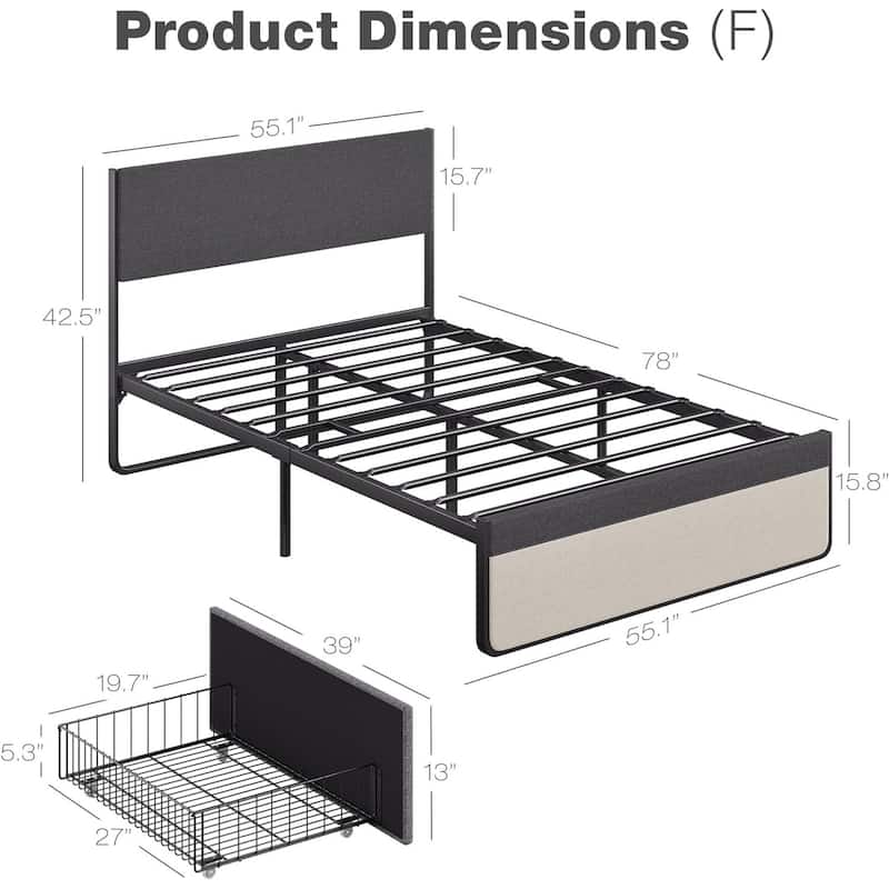 Bed Frame with 2 Storage Drawers Upholstered Platform Bed Frame