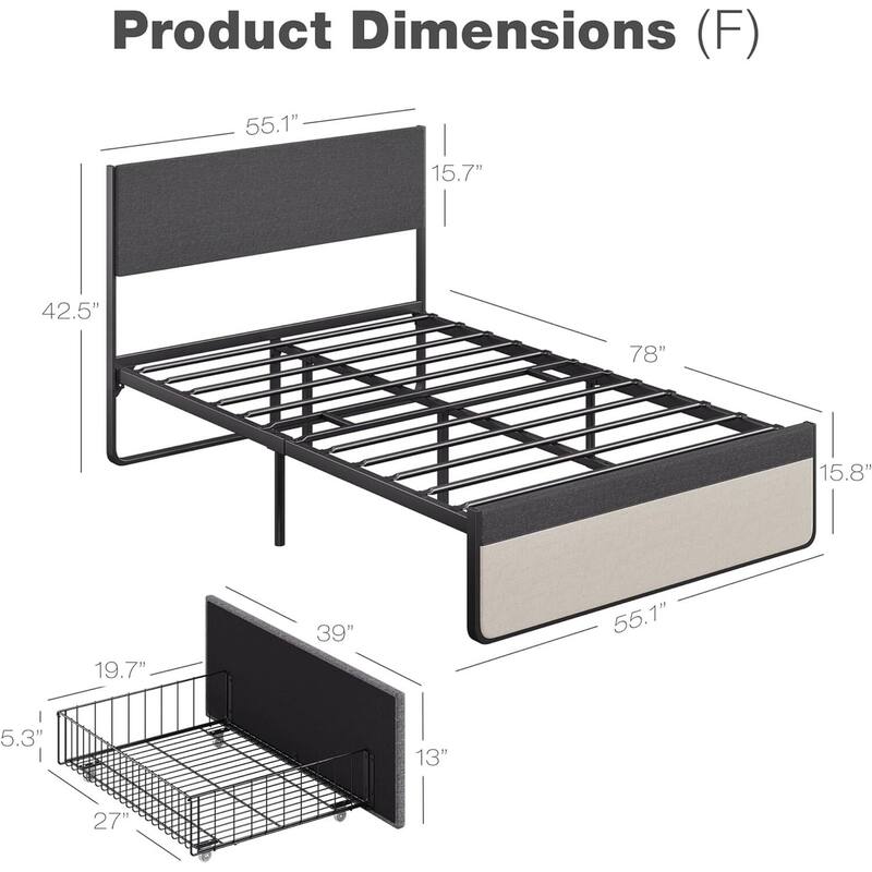 Upholstered Platform Bed Frame with 2 Storage Drawers