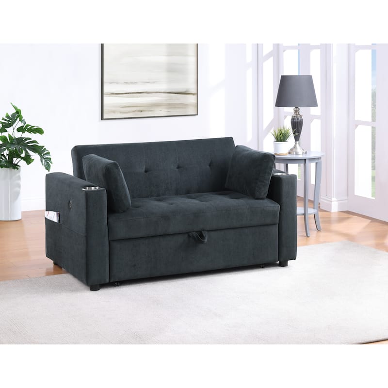 3 in 1 Convertible Pull Out Couch, Tufting Loveseat with Cupholders and USB Ports, 2 Seater Sofa with Pillows and Storage Bag