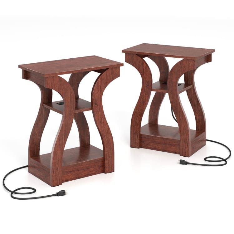 Set of 2 Engineered Wood 3-Tier Side Table with USB and Outlets - 19.5" x 12" x 24" - Cherry