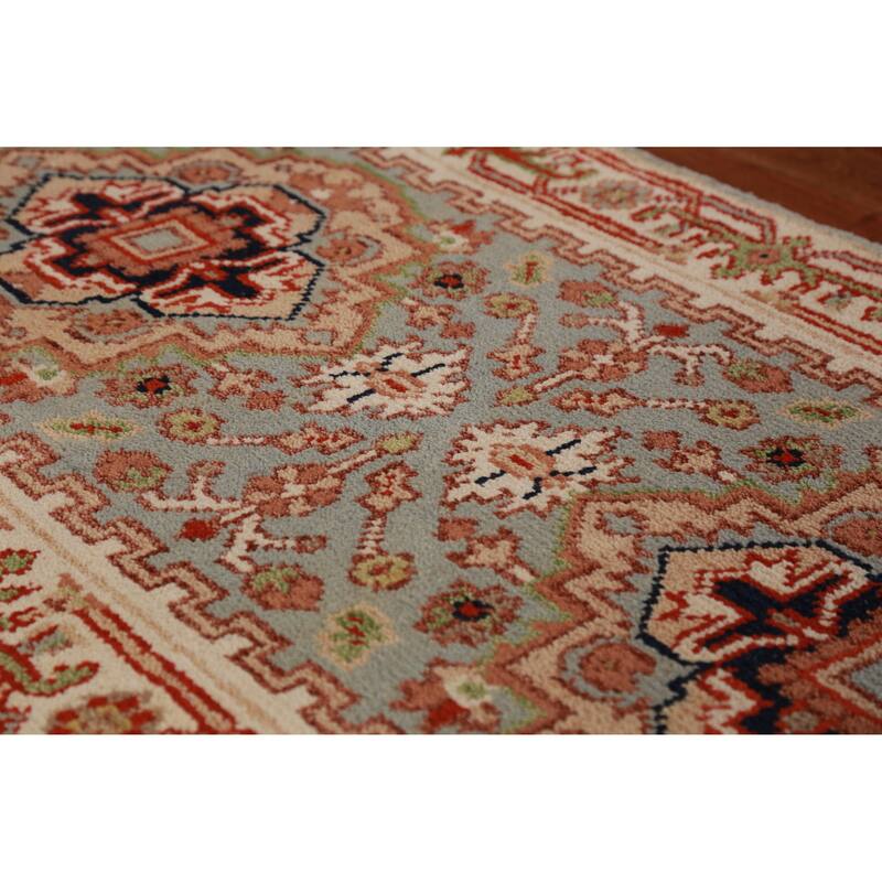 Hand Knotted Oriental 100% Wool Carpet Traditional Geometric Green Heriz (serapi) Runner Rug - 8' 0'' X 2' 6''