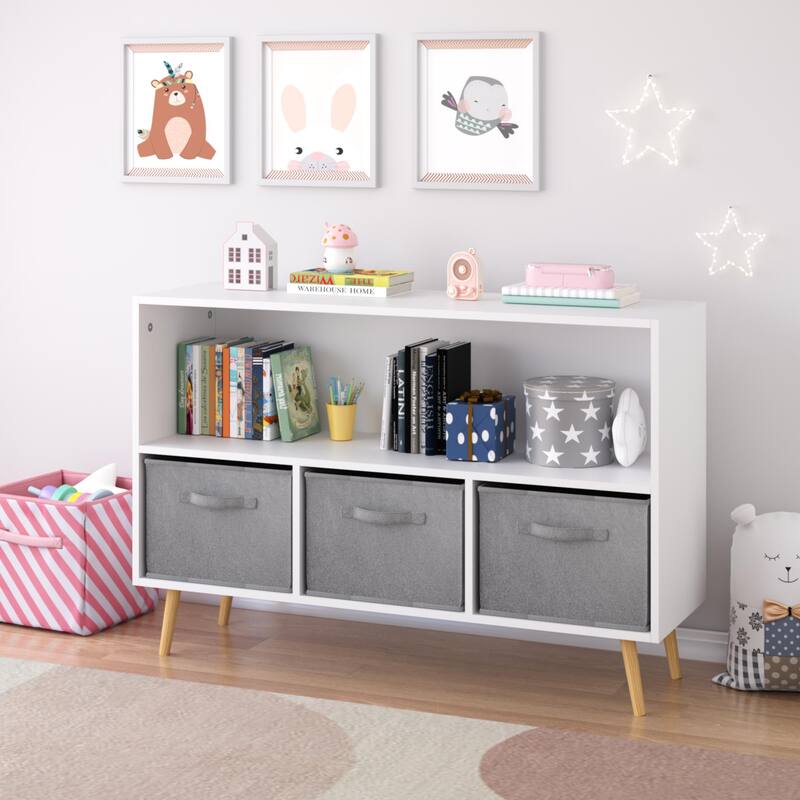 Anmytek White/Gray Kids Storage Organizer with Fabric Drawers White Bookcase Toy Display Shelf