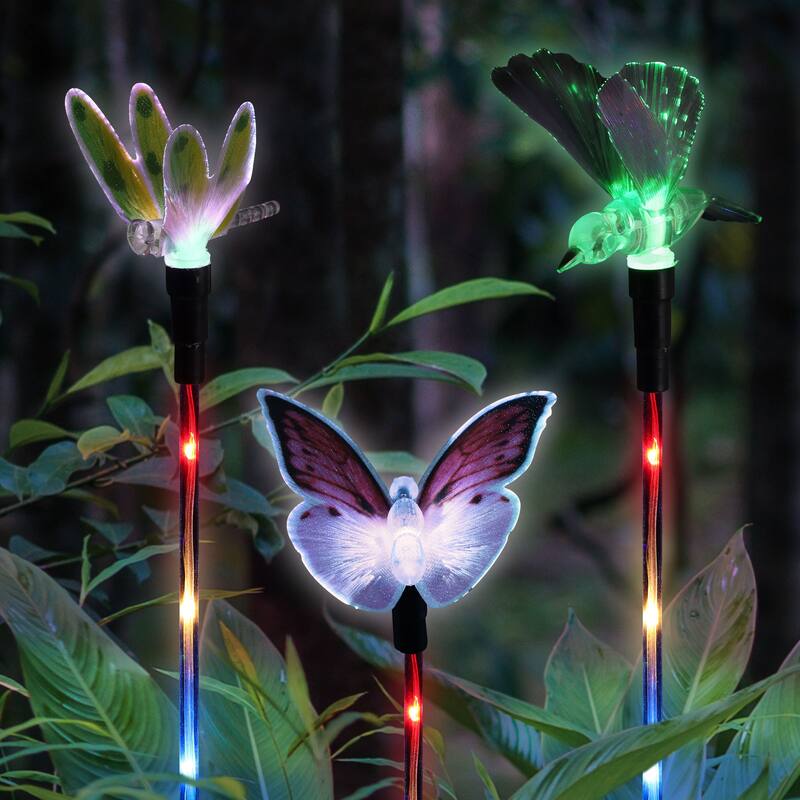 Exhart 3 Piece Solar Color Changing Fiber Optic Butterfly, Hummingbird and Dragonfly Garden Stake Set, 4 by 16 Inches