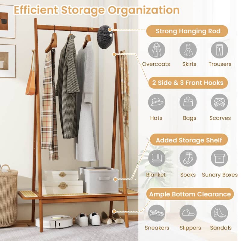 Costway Bamboo Clothes Rack Clothing Rack with Hanging Rod Rattan - See Details