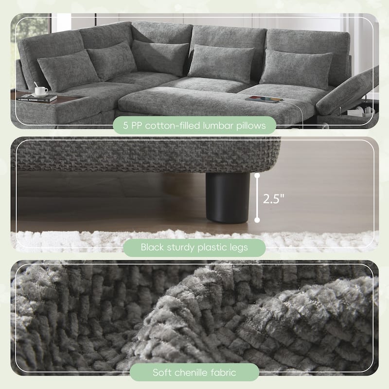 L Shape Modular Sectional Pull-Out Sofa with Storage Ottoman, USB Port & Adjustable Armrests, Oversized Chenille Cloud Sofa