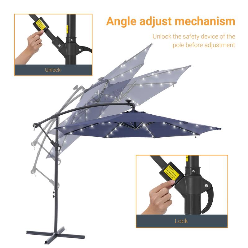 10Ft LED Patio Offset Umbrella Hanging Circle Umbrellas,w/Cross Base