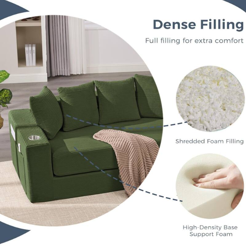 2-in-1 Convertible Sleeper Sofa, Floor Folding Couch, Sofa Bed with Side Pocket, Pull Out Loveseat with Cup Holders