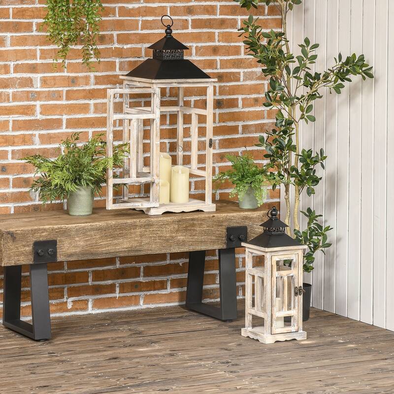HOMCOM 2 Pack 31"/22" Large Rustic Lantern Decorative, Hanging Wooden Metal Indoor/Outdoor Lantern