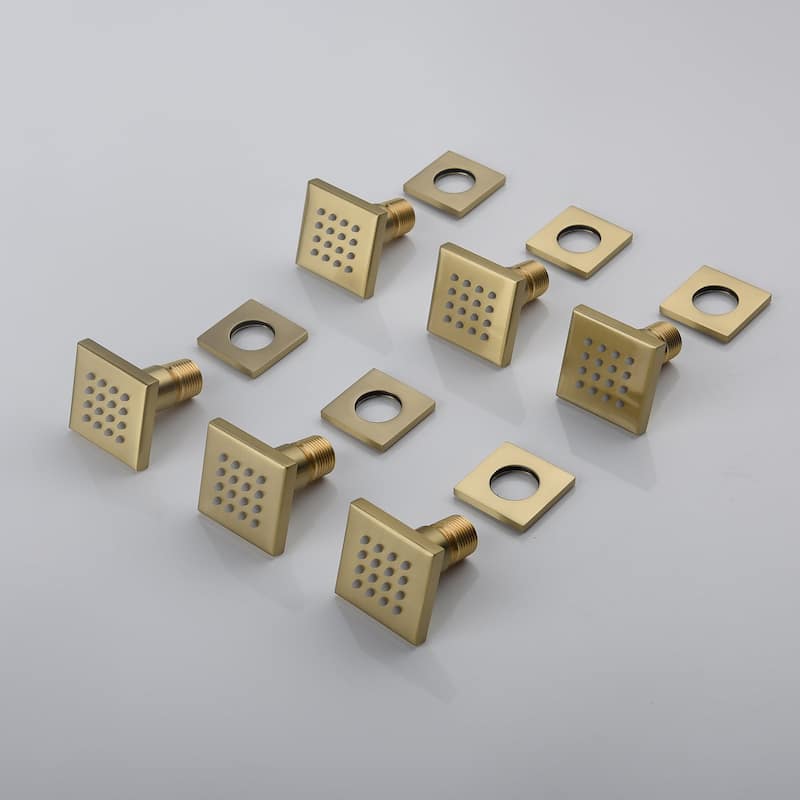 brushed gold ceiling mount 16 inch rainfall 3 way digital display shower system with body jets - 7'6" x 10'9"
