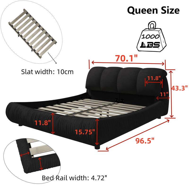 Black Queen Size Luxury Upholstered Platform Bed with Oversized Padded Backrest and Solid Frame