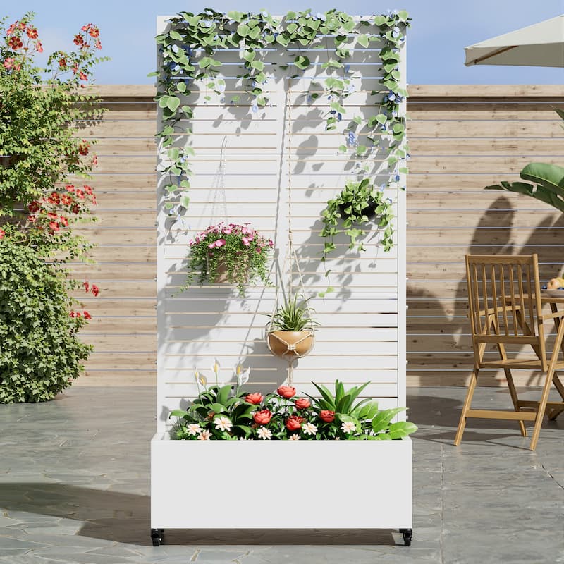 Metal Movable Planter Box with Trellis Privacy Screen Planter Box with Lockable Wheels - 72"x35" - White