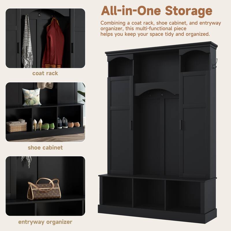 Modern Hall Tree with Adjustable Shelves Dual Cabinets Bench Entryway Organizer