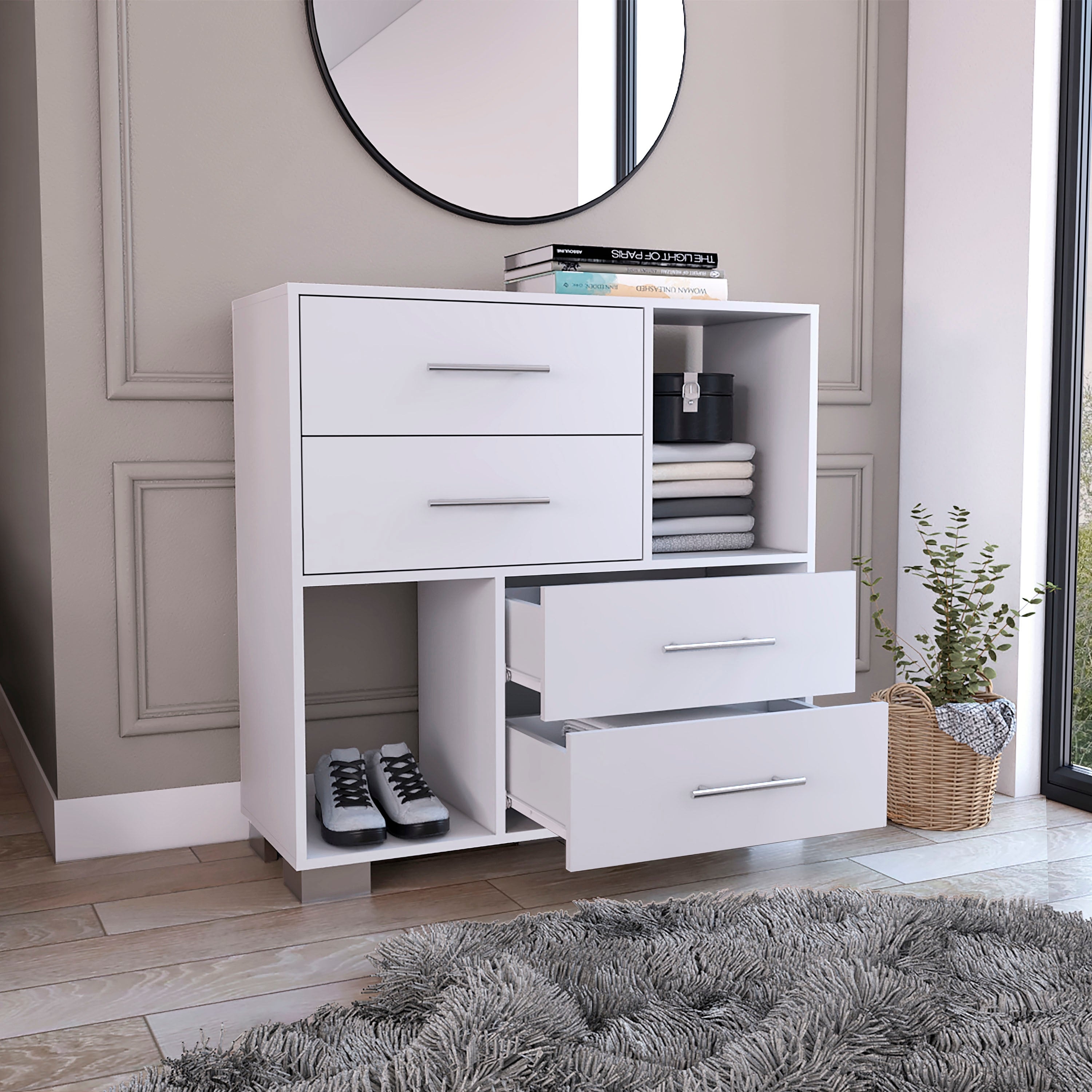 TUHOME Krista 25-inch Tall Dresser with 2 Open Shelves and 4 Drawers -  Overstock - 35397511