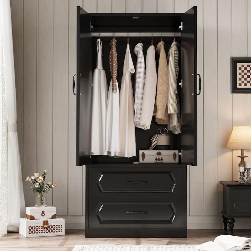 69" Wooden Armoire Wardrobe Closet with Drawers, Modern Bedroom Storage Cabinet with Hanging Rod