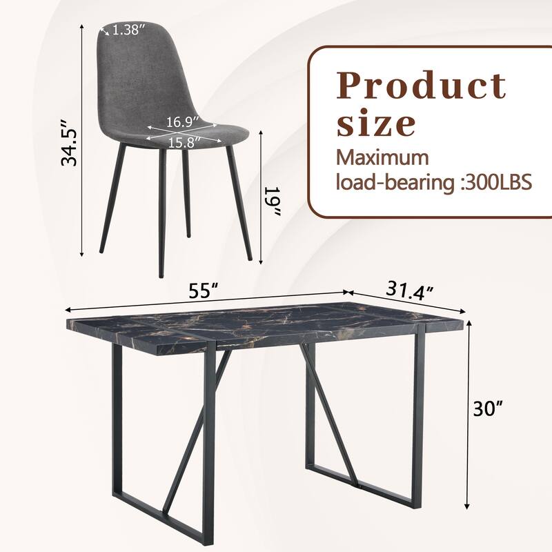 5-Piece Rectangular Dining Table Set, Kitchen Dining Table Set for 4 with 4 Linen Dining Chairs for Dining Room