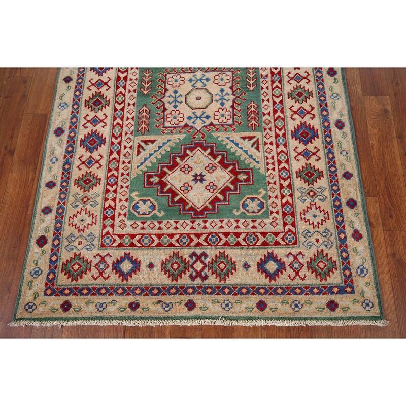 Kazak Oriental Accent Rug Handmade Green Wool Carpet - 3'3" x 4'8"
