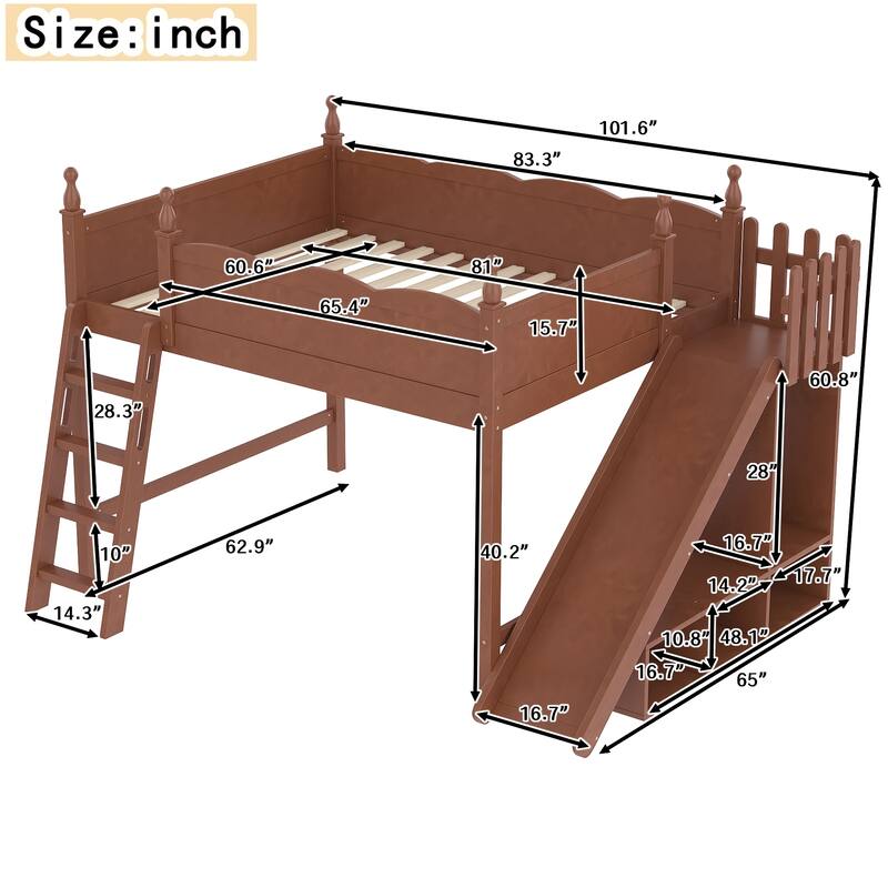 Queen Loft Bed with Storage Shelves and Wardrobe, Solid Wood Loft Beds with Detachable Slide and Ladders, No Spring Box Needed