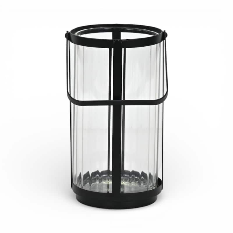 Vortial Fluted Glass Candle Lantern with Black Metal Frame