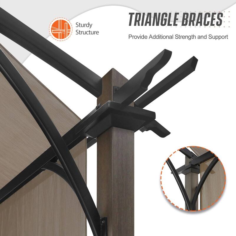 EAGLE PEAK 11.4x11.4 Outdoor Pergola with Retractable Textilene Sun Shade Top, Wood Looking Steel Frame Arch Patio Pergola