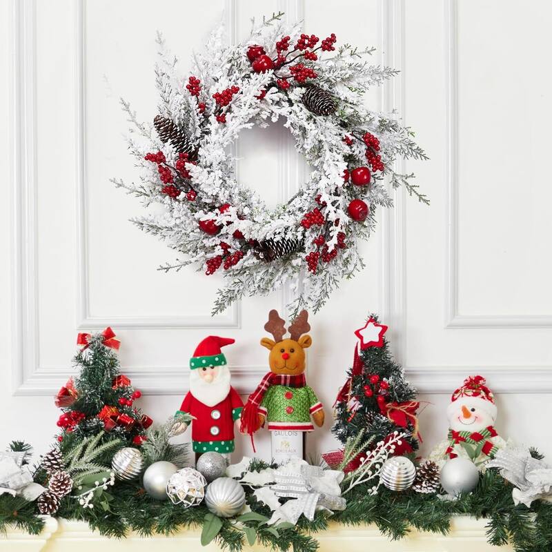 18 Inch Christmas White Snow Flocked Winter Wreath with Pine Cones - N/A