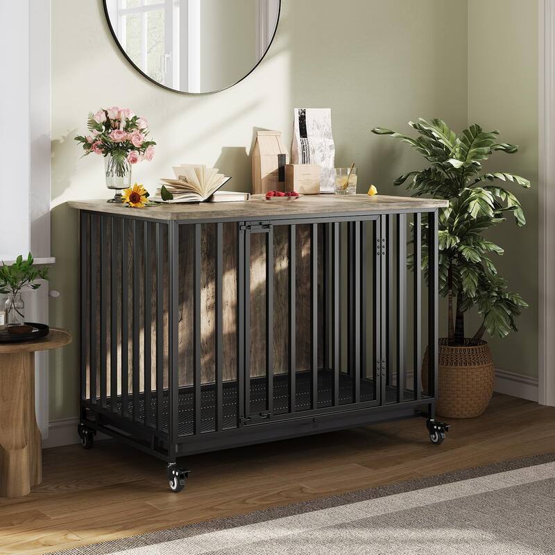 Dog Crate Furniture, 39 Inch Rolling Indoor Dog Crate with Potty Tray - Grey and Black