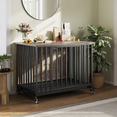 Dog Crate Furniture, 39 Inch Rolling Indoor Dog Crate with Potty Tray