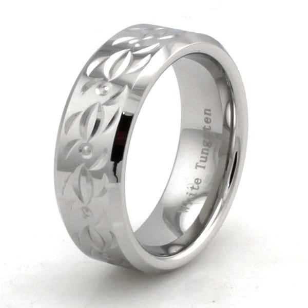 Hand Carved Polished White Tungsten Ring w/ Tribal Design