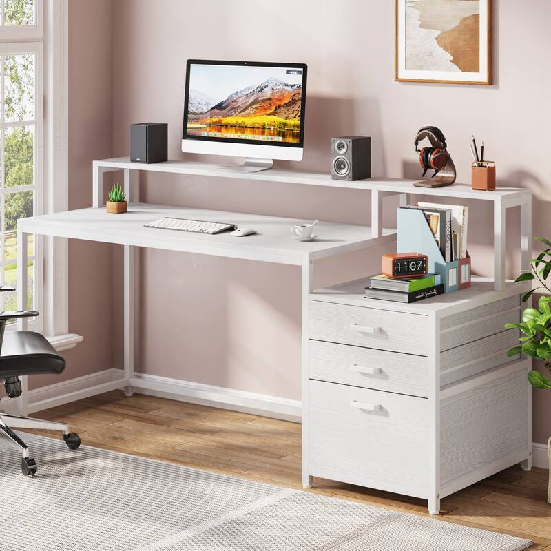 63 Inch Computer Desk with 3 Drawers, Modern Office Table with Monitor Stand and Printer Space for Home Office