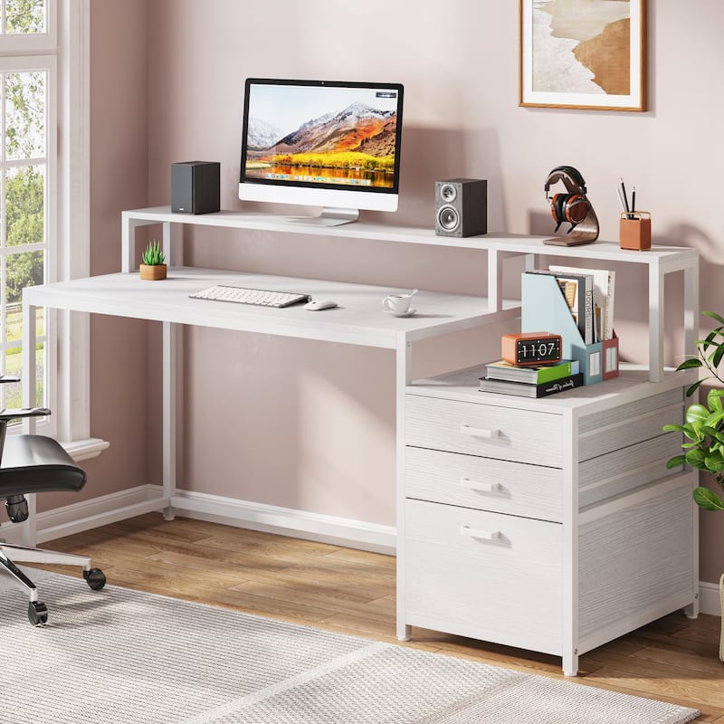 63 Inch Computer Desk with File Drawers, Ergonomic Office Desks with Monitor Stand
