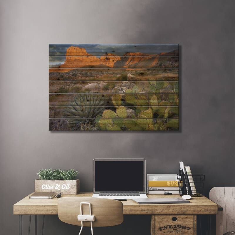 Opuntia Cactus And Agave, Guadalupe Mountains National Park, Chihuahuan Desert,Texas Print On Wood by Tim Fitzharris