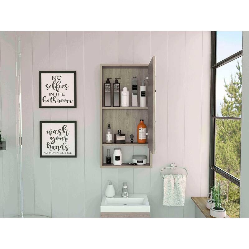 Medicine Cabinet with Mirror, One External Shelf and Two Internal Shelves, Light Gray Finish for Bathroom or Bedroom