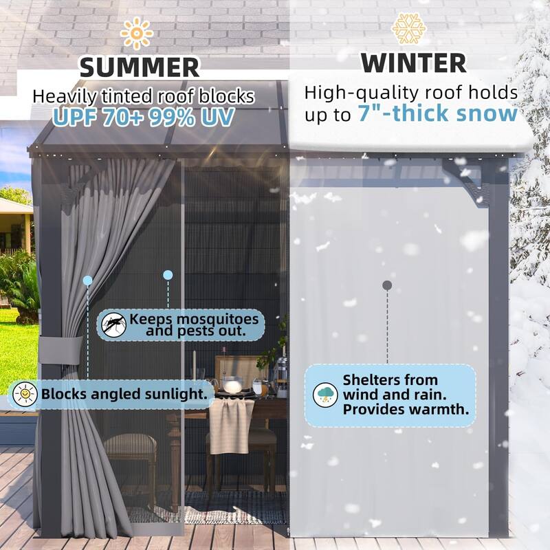 AECOJOY Gazebo for Patio, Small Wall-Mounted Lean to Pergola 8x8 Gazebo with Curtains and Netting, Hard Top Gazebo on Clearance