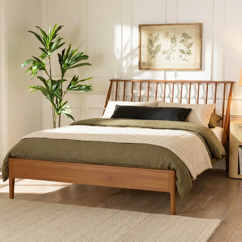 Bohemian Bamboo Spindle Platform Bed Frame with Wooden Slats and Metal Support, No Box Spring Needed, Low Profile Wingback Bed