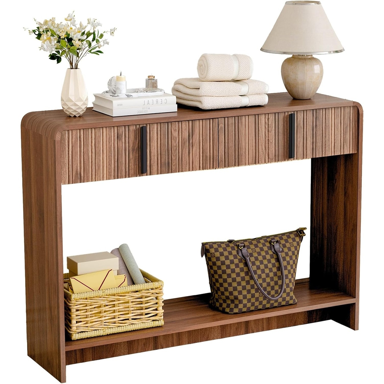 Fluted Console Table with Drawer, Mid Century Entryway Table with Shelf for Living Room, Hallway