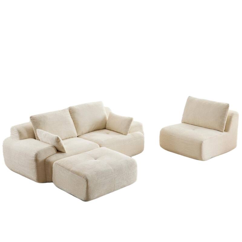 L Shaped Modular Sectional Sofa with Ottoman, Corduroy Upholstered Cloud Sofa, Compressed Sofa with Cushions & Throw Pillows