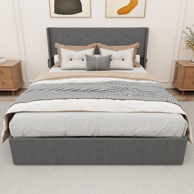 Dark Gray Queen Size Metal Platform Bed with Storage, Wingback Headboard & USB