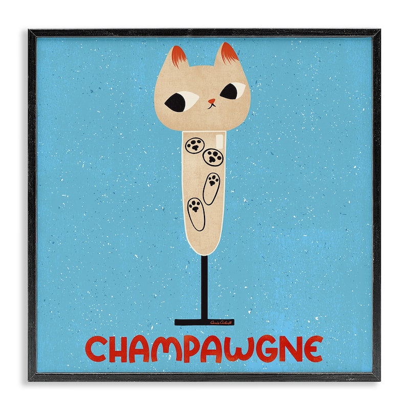Stupell Champawgne Feline Wine Framed Giclee Art Design By Carrie Cantwell - 17 x 17 - Black