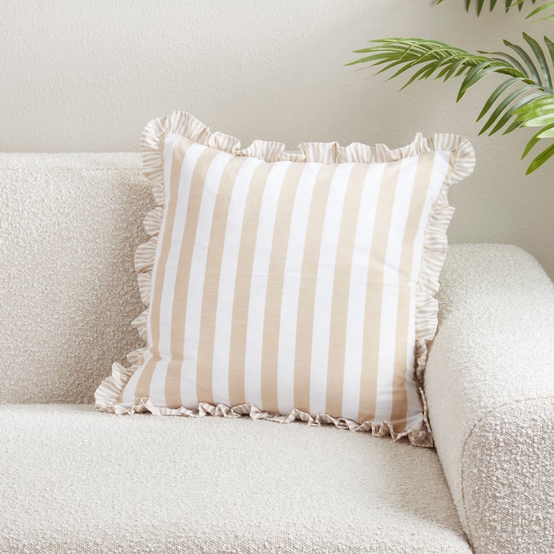 Striped Ruffle Edge Cotton-Blend Throw Pillow - Classic Cabana Stripe Design for Sofa, Bed & Accent Styling