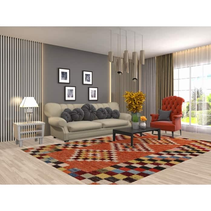 Checkered Orange Moroccan Oriental Rug Handmade Wool Carpet - 6'7" x 9'8"