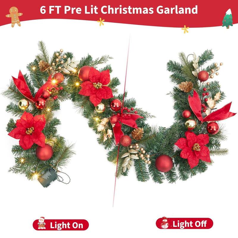 6FT Pre-Lit Christmas Battery Operated Xmas Garland, Red+Silver - N/A