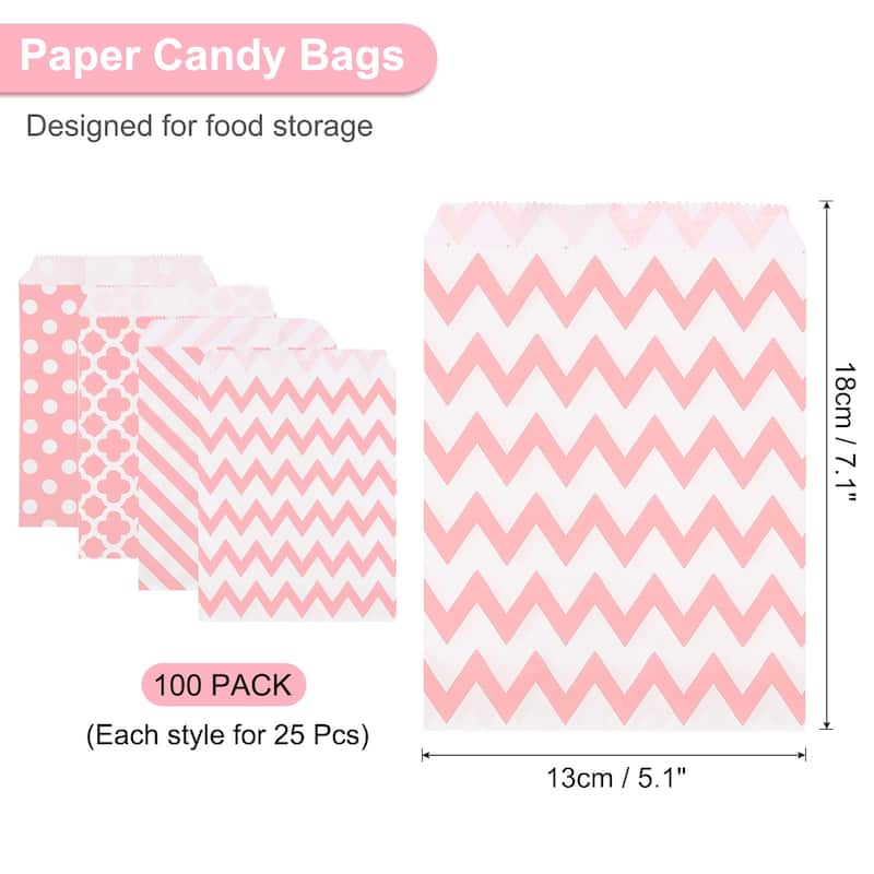 100Pcs Kraft Paper Treat Bags, 7" x 5" Candy Bags Flat Favor Bags - Light Pink