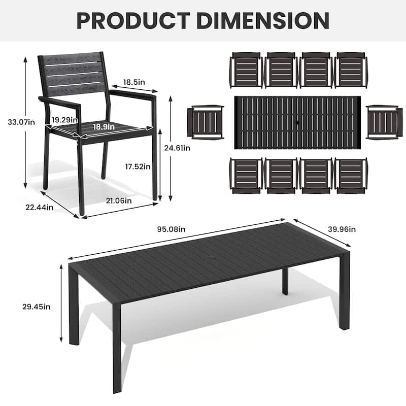 7/9/11-Piece Patio Dining Set Outdoor Aluminum Rectangle Dining Table and Stackable Chairs