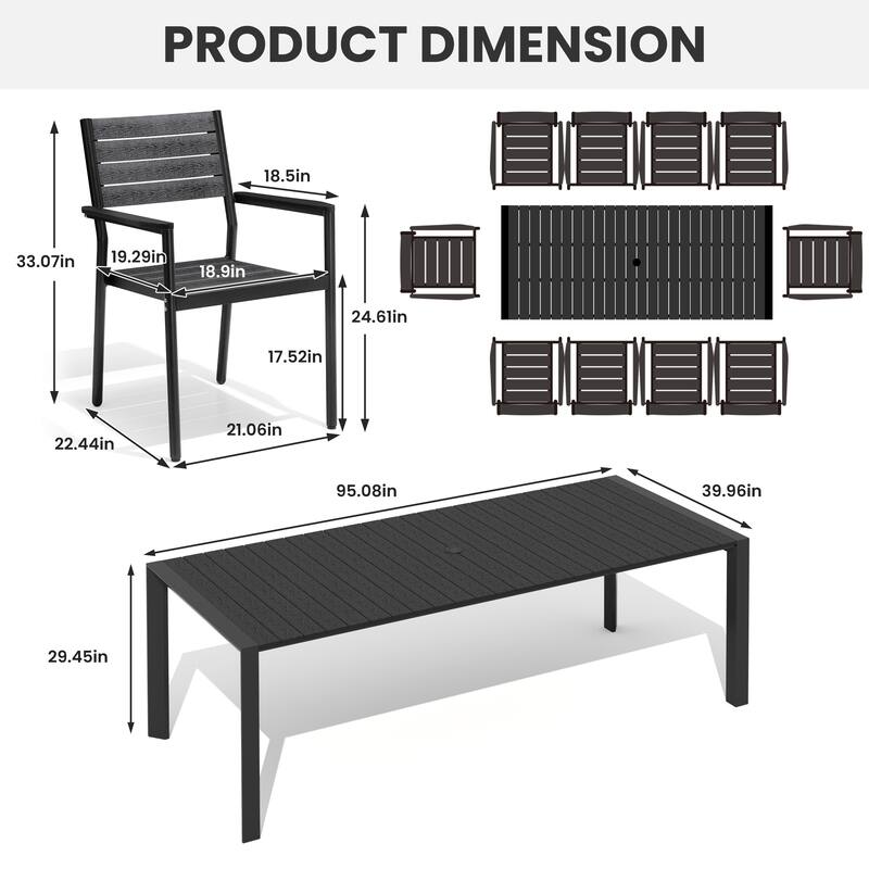 7/9/11-Piece Set Outdoor Aluminum Dining Table with Umbrella Hole and Stackable Dining Chairs