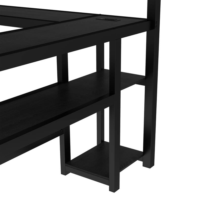 Full Over Twin Bunk Bed with Desk, Shelves, LED, and USB, Black
