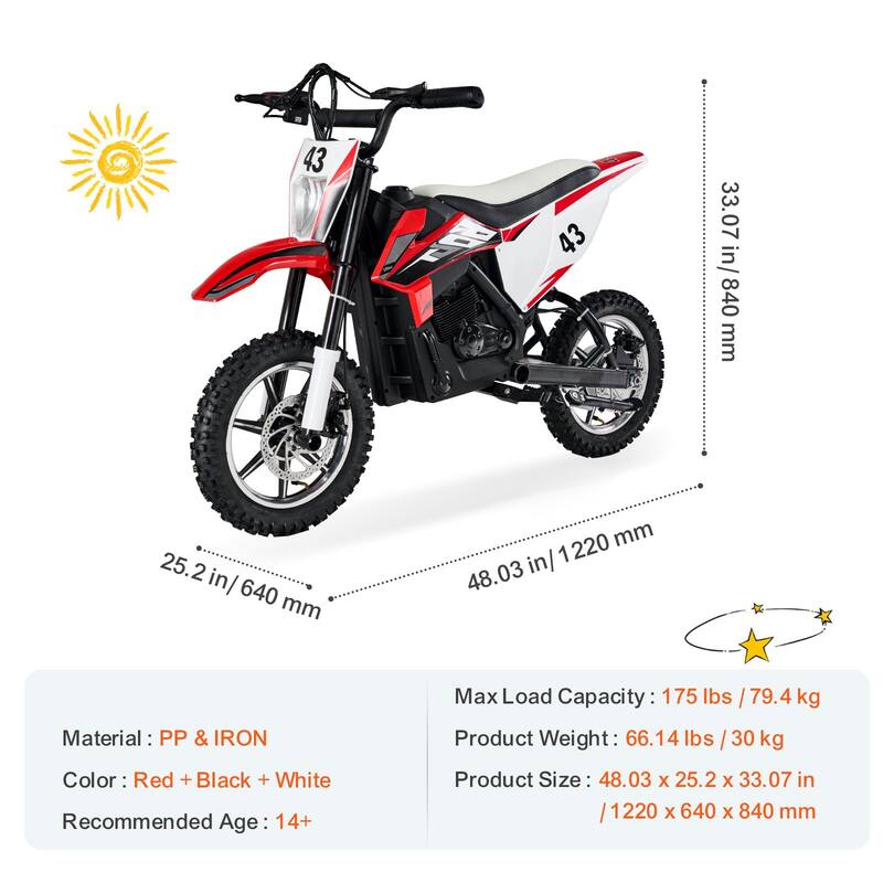36V Ride On Motorbike for Kids 14 Plus LED Lights Music USB Port - 48.03 x 25.2 x 33.07 in