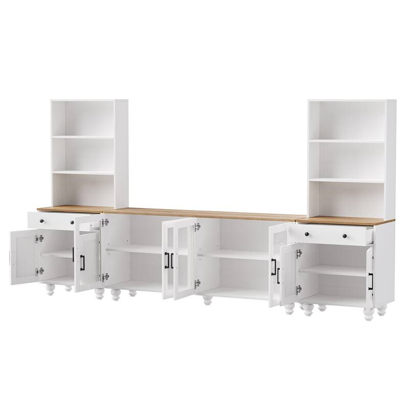 White+Walnut Farmhouse TV Entertainment Center with Bookshelves and Glass Doors for TVs Up to 70"