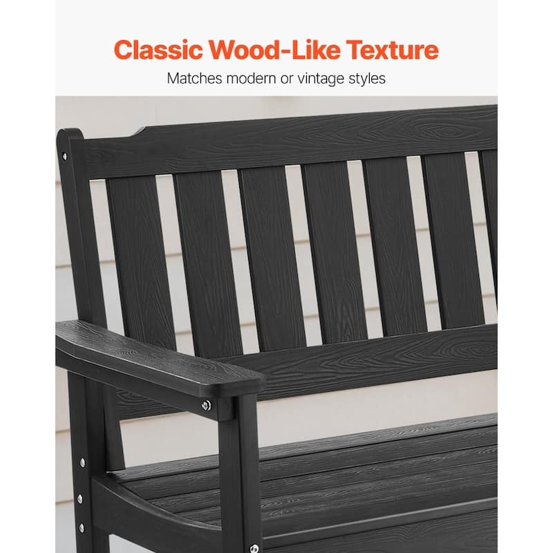 50.5-Inch Black Outdoor Bench with Backrest Armrests for Porch Patio Garden and Backyard Relaxation - 50.5” x 24.4” x 36.6”